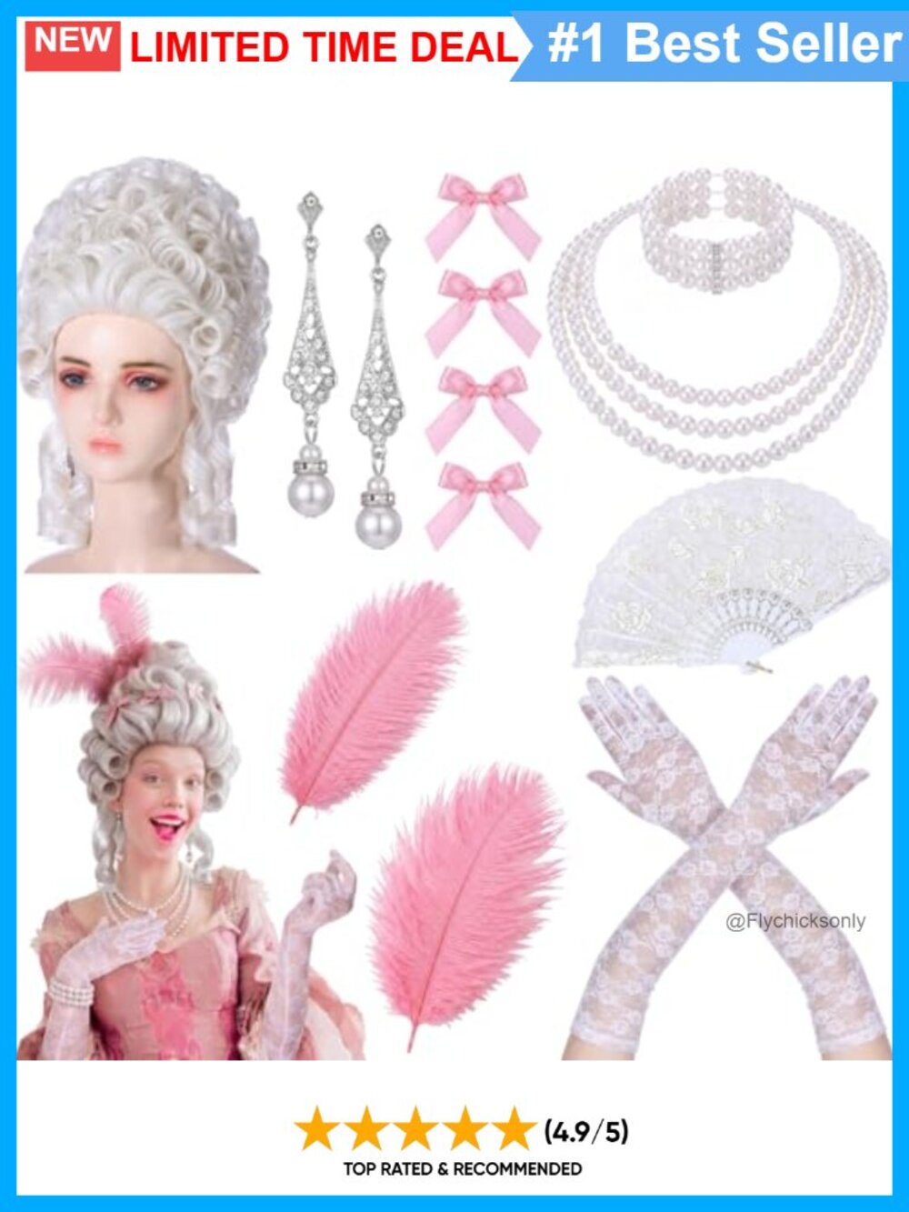 12 Pc Colonial Victorian Costume Accessory Set Lace Gloves Wig Fan Pearl Jewelry